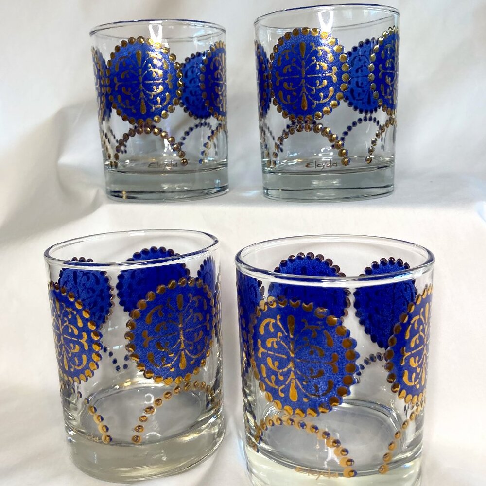Vintage Libby Elcyda Old Fashioned Set of 4 Blue 22k Gold